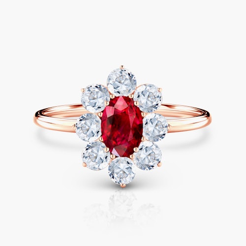 Pierścionek zaręczynowy SAVICKI: różowe złoto, rubin, białe szafiry